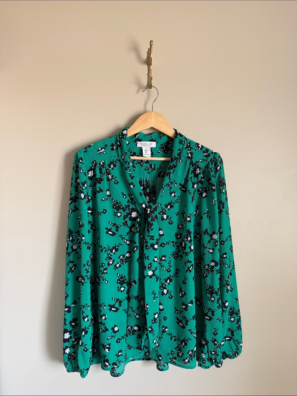 Rachel Zoe Emerald Green Floral Tie-Neck Blouse